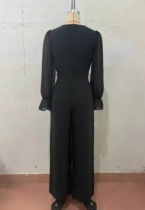 Back view of black long sleeve jumpsuit featuring sheer chevron mesh sleeves and wide legs