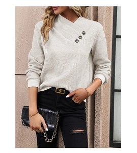 Detail of the textured waffle fabric and wrap neckline with button accents on a gray sweatshirt