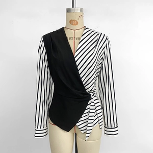 Elegant Women Wrap V Neck Long Sleeve Blouse Color Block Striped Tie Waist Patchwork Commuter Fashion Shirt Top