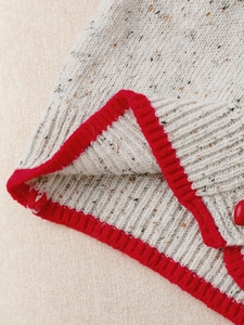 Elegant knit cardigan featuring contrasting red ribbed trim and colorful flecked texture
