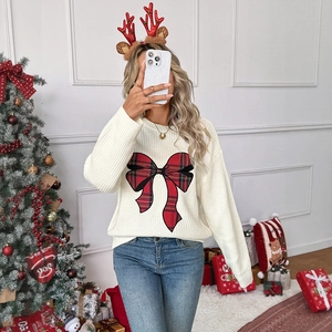 Christmas bow plaid embroidery crewneck sweater in white for winter fashion