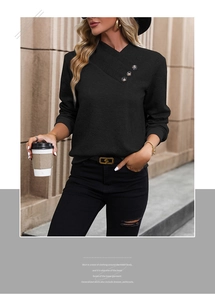 Detail of black knit top featuring diagonal collar with buttons and textured fabric
