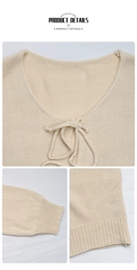 Detailansicht des cremefarbenen Strickpullovers mit Schnürkragen und gerippten Bündchen
