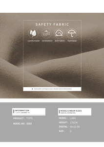 Detail of breathable pleated blouse fabric texture with size and model measurements