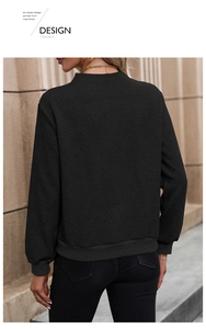 Detail of black long-sleeve sweatshirt showing diamond geometric textured knit fabric