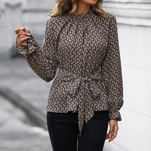Women Elegant Satin Geometric Chain Print Blouse Long Sleeve Stand Collar Bow Tie Waist Ruffle Cuff Office Shirt Top Khaki