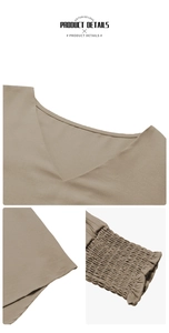 Detail view of khaki V-neck blouse featuring smocked elastic cuffs and fine stitching