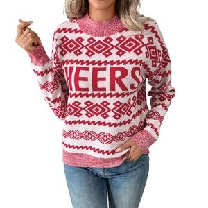 Women's red and white festive knit sweater with CHEERS lettering and snowflake patterns