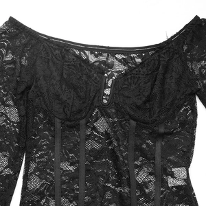 Close-up of black lace bodysuit with off-shoulder V-neck and decorative boning details