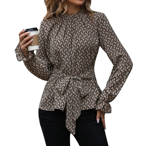 Women's long sleeve leopard print blouse with high neck and waist tie bow detail