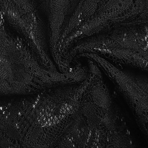 Close-up of black floral lace fabric with intricate mesh patterns and delicate embroidery