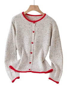 Vintage color block long sleeve knit cardigan with red heart buttons for women