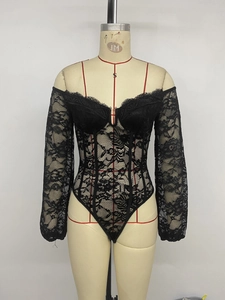 Detail of black lace bodysuit featuring off-shoulder sleeves and fishbone corset support