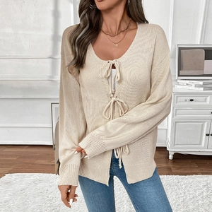 Damen Süß Casual Locker Strickjacke Bindeband Schleife Vorne Einfarbig Langarm Weich Acryl Pullover Mantel Jacke