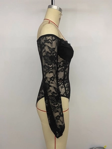 Detailed side view of black lace bodysuit featuring elegant V-neck and floral texture