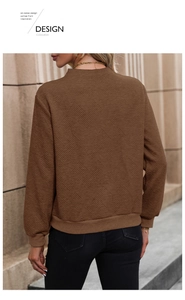Detail of solid brown crew neck sweatshirt featuring textured geometric knit fabric and back view