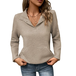 Casual dames sweatshirt met lange mouwen, polokraag, getextureerde stof en voorzak