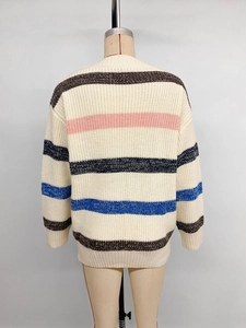 Detail view of colorful horizontal stripes on back of oversized long sleeve knit sweater