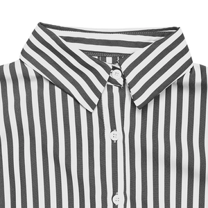 Close-up of the lapel collar and button placket on a black and white striped shirt
