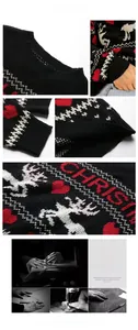 Close-up of knit texture with reindeer and Christmas patterns on a black sweater