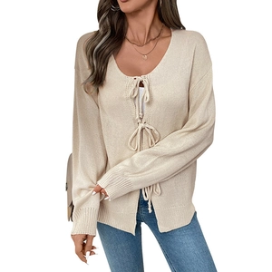 Beige Strickjacke mit V-Ausschnitt, Schleifenverschluss und Rippbündchen für Damen