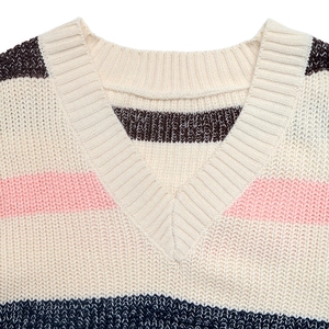 Detail of V-neckline and colorful striped knit texture on this casual sweater