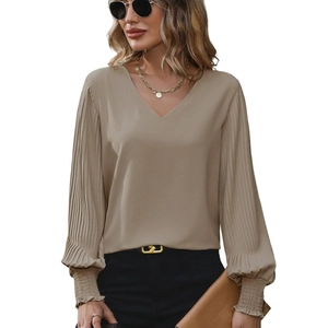 Women's V-neck pleated puff sleeve blouse in apricot for casual minimalist commute wear