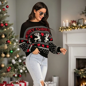 Women's black Christmas knit sweater with reindeer jacquard and Merry Christmas text