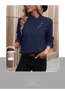 Detailed view of navy blue ribbed knit texture and cross V-neck with bronze decorative buttons