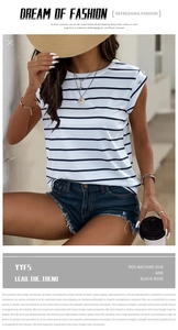 Close-up of women's sleeveless striped t-shirt featuring decorative shoulder metal buttons