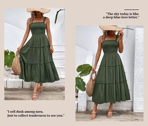 Detail of smocked square neck and tiered skirt on a summer olive green dress