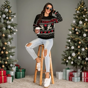 Women black Christmas sweater featuring reindeer jacquard and Merry Christmas lettering