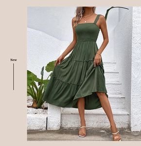 Detail of tiered dark green summer dress with smocked bodice and tiered skirt style