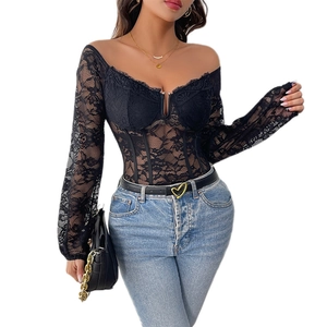 Elegant black lace bodysuit with V-neck, long sleeves and sheer floral detailing