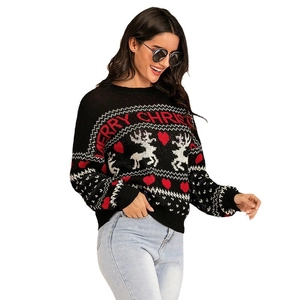 Women's black Christmas knit sweater with deer jacquard and Merry Christmas text