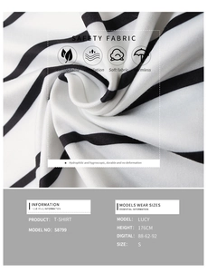 Detail of soft striped knit fabric with comfort specs and sizing info for women shirt