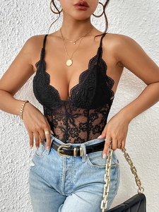 Sexy black floral lace bodysuit with deep V-neck and thin spaghetti straps for women