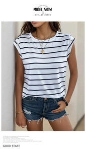 Detailed view of women's striped T-shirt with shoulder buttons and distressed denim shorts