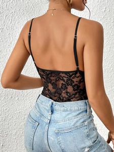 Sexy black lace bodysuit with deep V-neck and open back design for summer fashion