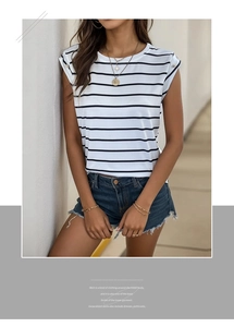 Detailed shot of striped summer T-shirt featuring shoulder gold buttons and round neck