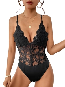 Sexy black floral lace bodysuit with deep V-neck and adjustable straps for women