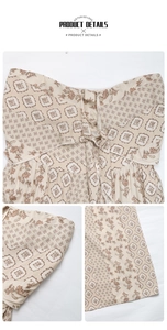 Détails d'une combinaison fleurie beige avec nœud sans bretelles et ourlet plissé élégant
