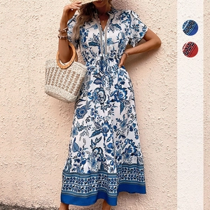Women's Bohemian Floral V-Neck Maxi Dress Short Sleeve Drawstring Waist Lace Trim Ruffle Hem Vacation Casual Ethnic Dress