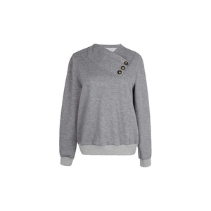 Detail of grey long sleeve sweatshirt with quilted texture and wood-style buttons