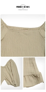 Dettaglio della tutina albicocca con scollo quadrato e texture delle maniche a sbuffo