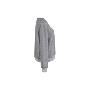 Side view of grey long-sleeve sweatshirt showing unique quilted texture and ribbed cuffs