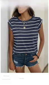 Detail view of striped crew neck T-shirt with shoulder buttons and casual styling