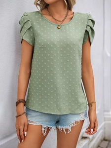 Sage green short sleeve top with textured Swiss dots and pleated ruffle petal sleeves