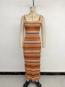 Detail of colorful wave pattern knit dress featuring textured stripes and slim fit design