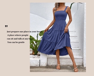 Detail view of blue tiered dress featuring smocked bodice and square neckline